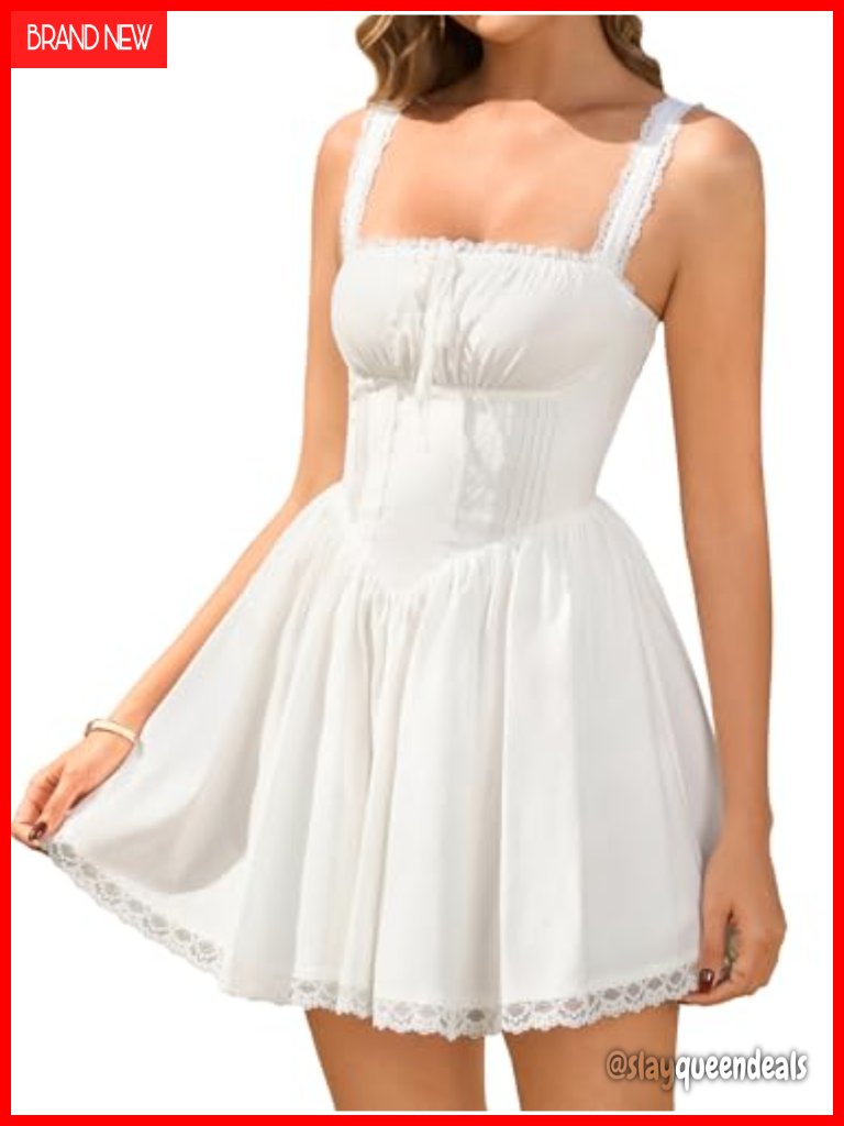Square Neck Corset Mini Dress Lace Up A Line Party Sundress Sleeveless Bow Tie